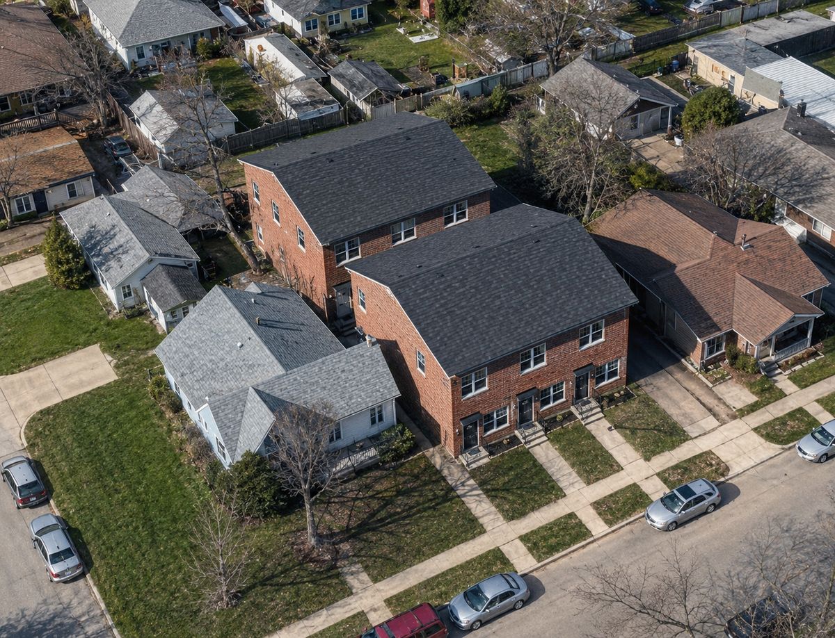 Aerial view of two brick triplex buildings, each with three street-facing entries, on a residential block.